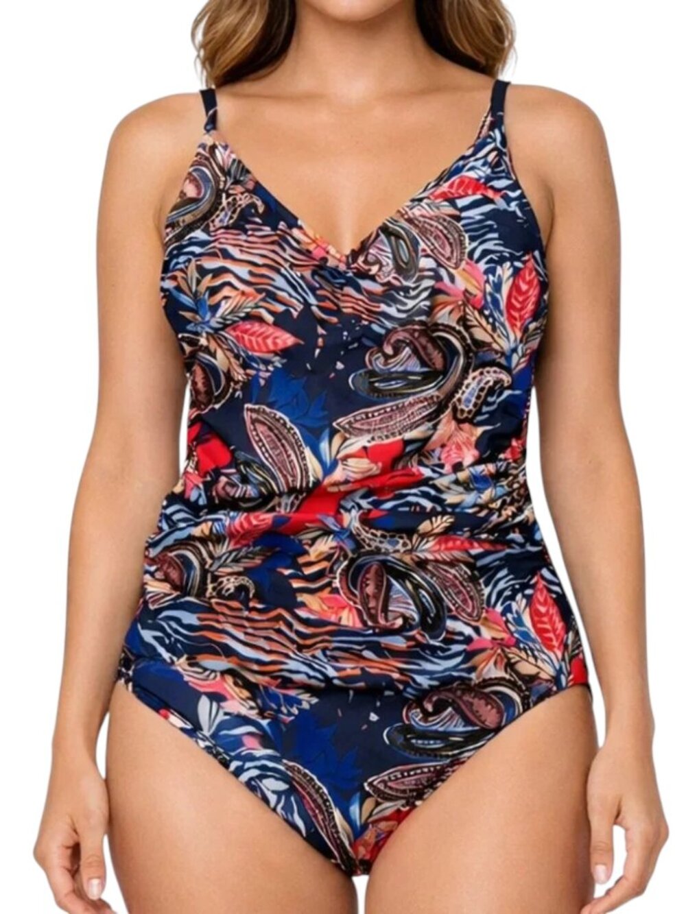 Aqua Green Paisley Floral Ruched One Piece Swimsuit Medium